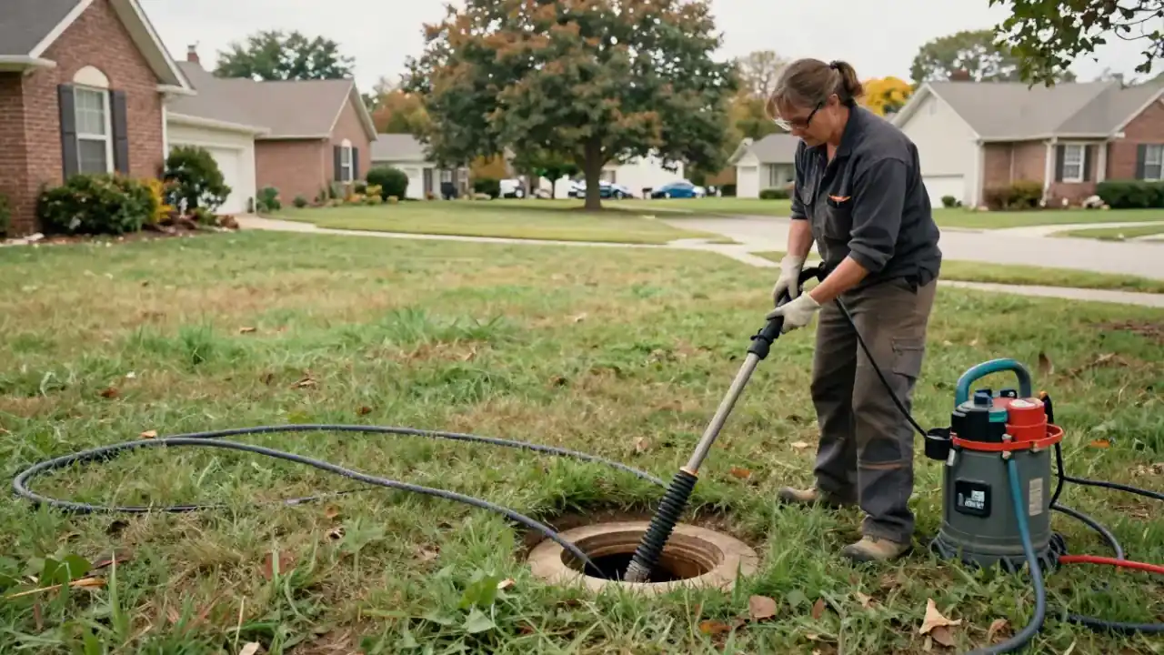 Sewer Line Cleaning in Carrollton: drain cleaning technician feeding a large motorized sewer snake cable into an outdoor