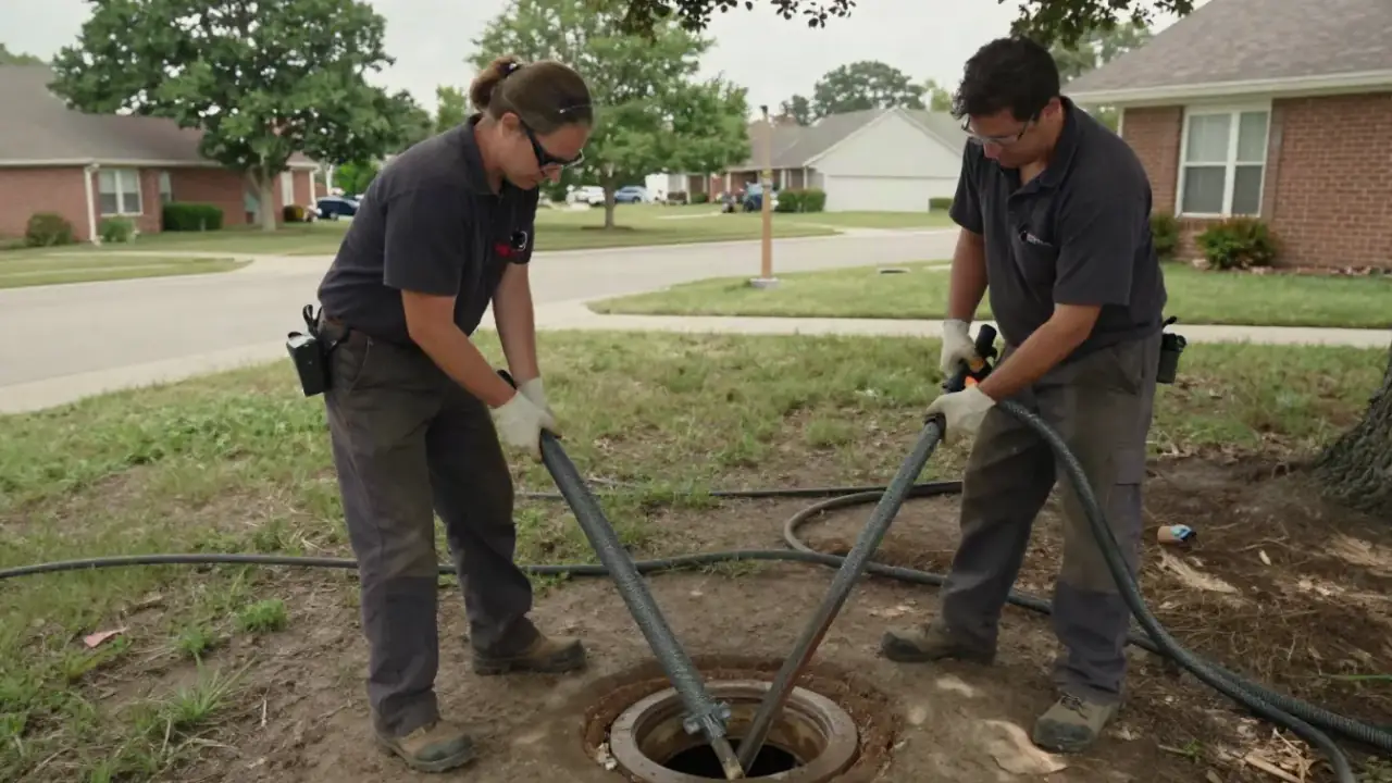 Drain Cleaning in Carrollton: drain cleaning technician and an assistant working together to pull a long sewer camera cable