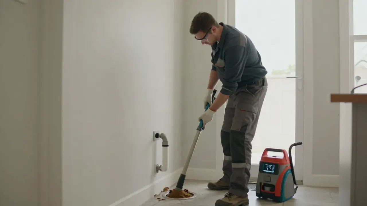 Drain Cleaning in Carrollton: wide shot of a drain cleaning technician interacting professionally with a homeowner in a