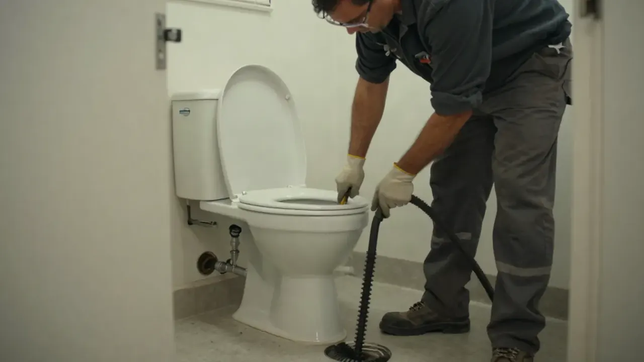 Drain Cleaning in Carrollton: drain cleaning technician using a smaller hand-crank snake to clear a clogged toilet, with the