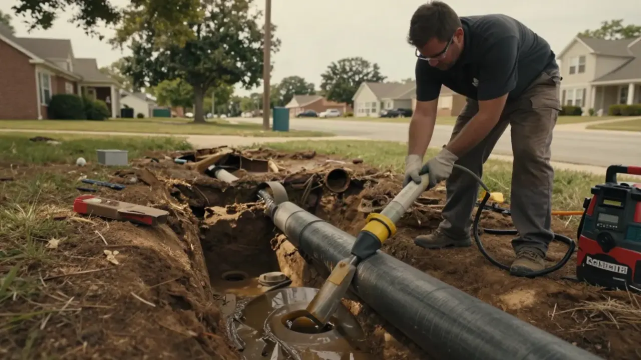 Sewer Line Repair in Carrollton: drain cleaning technician applying a specialized epoxy resin liner into a section of a