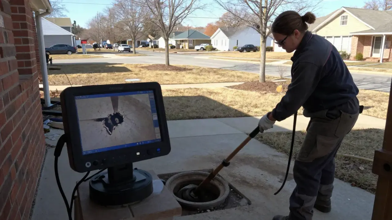 Sewer Camera Inspection in Carrollton: drain cleaning technician reviewing a captured video of a sewer line inspection on a